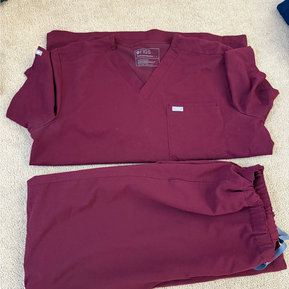 Figs Maroon V-Neck Scrub Set with Drawstring Pants